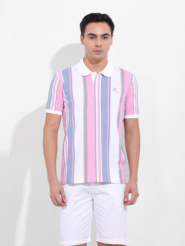 Men's Blue Slim Fit Striped Polo Collar T-shirt