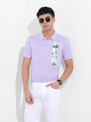 Men's Purple Slim Fit Placement Print Polo Collar T-shirt