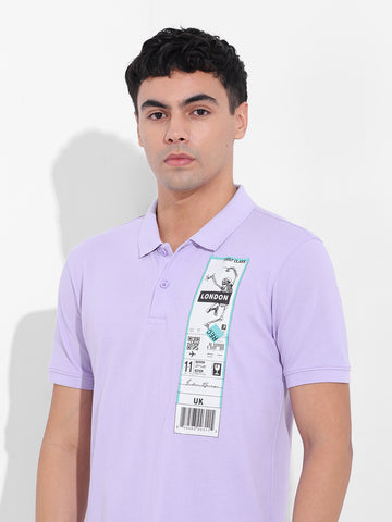Men's Purple Slim Fit Placement Print Polo Collar T-shirt