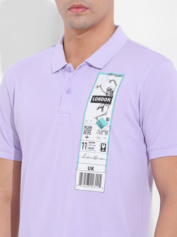 Men's Purple Slim Fit Placement Print Polo Collar T-shirt