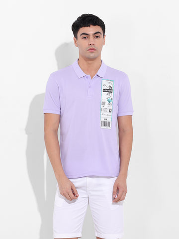 Men's Purple Slim Fit Placement Print Polo Collar T-shirt