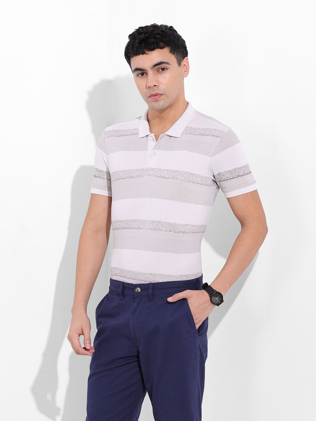 Men's Beige Slim Fit Printed Polo Collar T-shirt