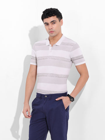 Men's Beige Slim Fit Printed Polo Collar T-shirt