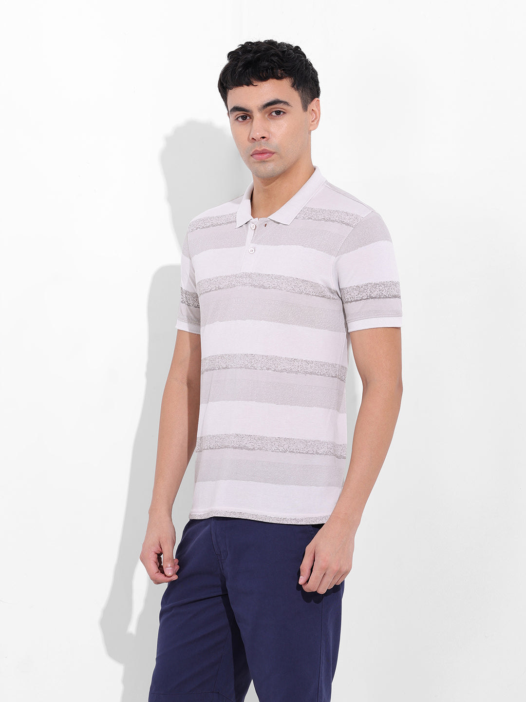 Men's Beige Slim Fit Printed Polo Collar T-shirt