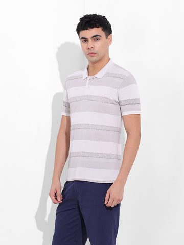Men's Beige Slim Fit Printed Polo Collar T-shirt
