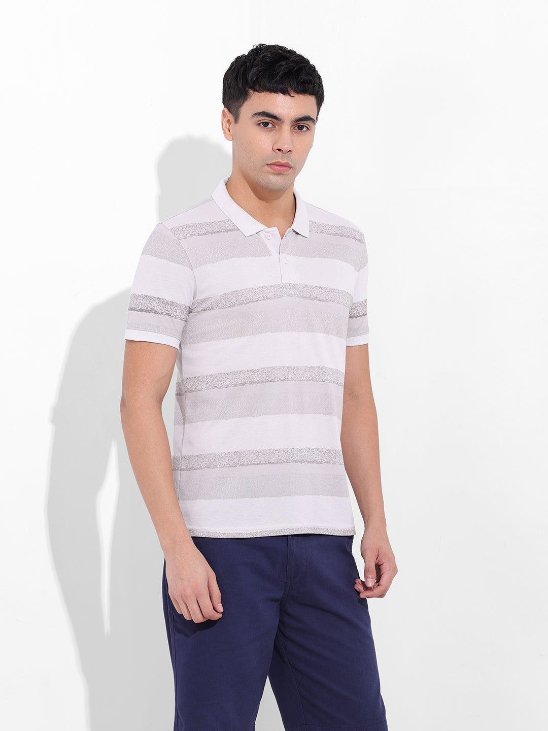 Men's Beige Slim Fit Printed Polo Collar T-shirt