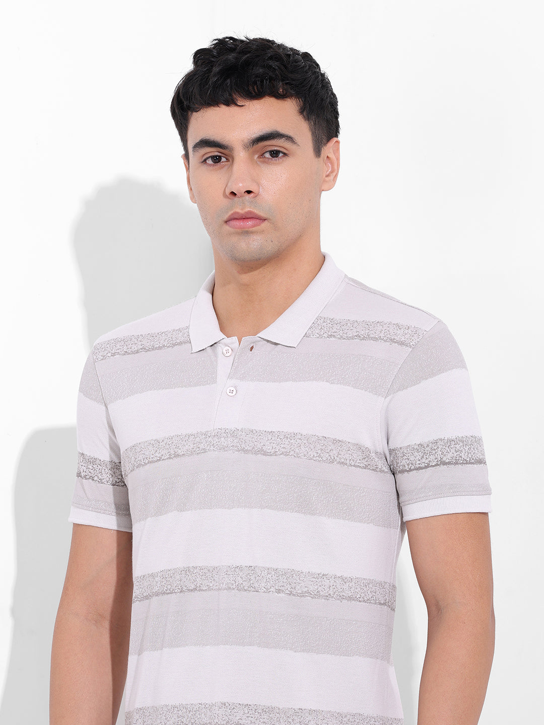 Men's Beige Slim Fit Printed Polo Collar T-shirt