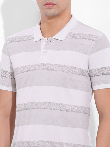 Men's Beige Slim Fit Printed Polo Collar T-shirt