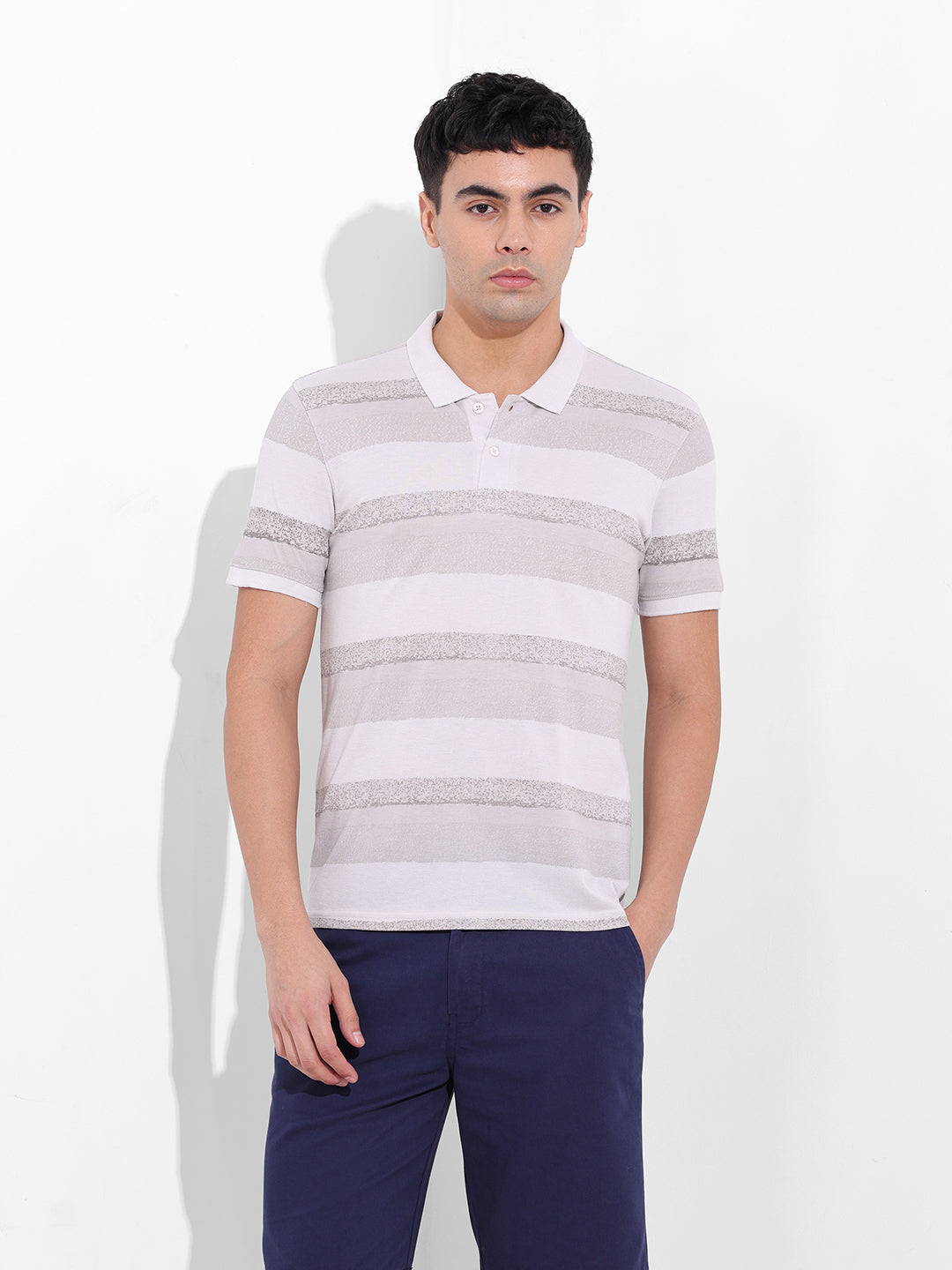 Men's Beige Slim Fit Printed Polo Collar T-shirt