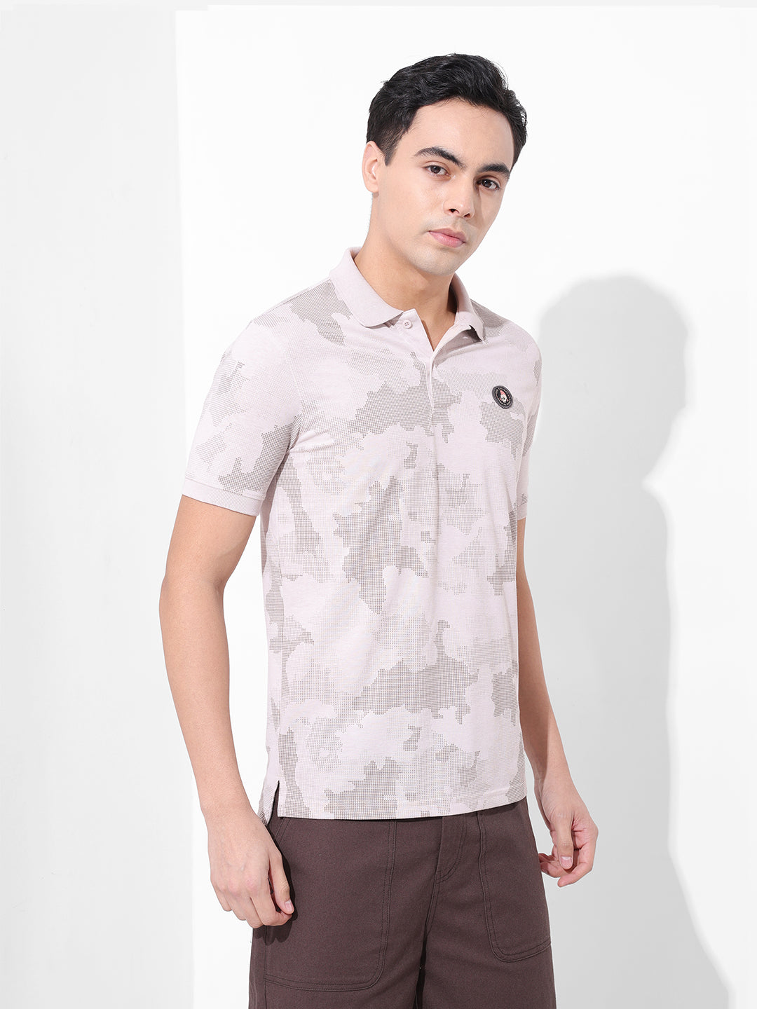 Men's Beige Slim Fit Abstract Printed Polo Collar T-shirt