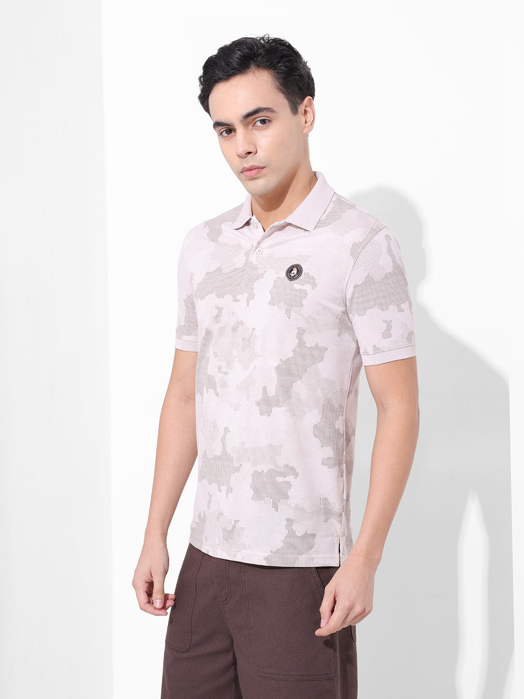 Men's Beige Slim Fit Abstract Printed Polo Collar T-shirt