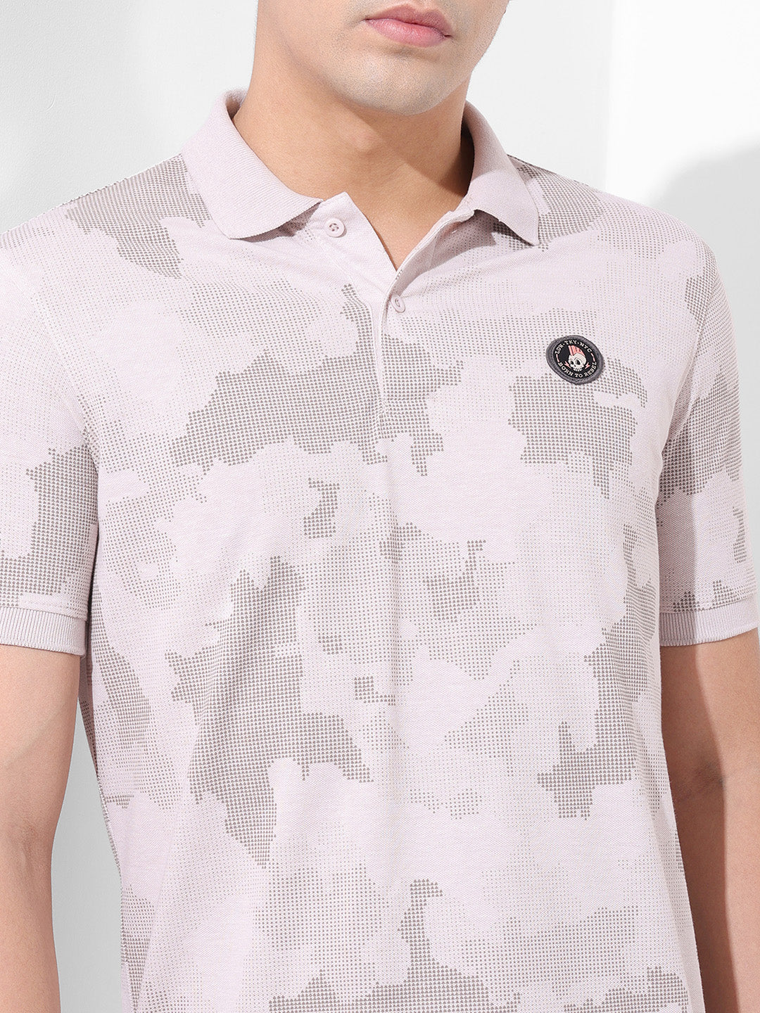 Men's Beige Slim Fit Abstract Printed Polo Collar T-shirt