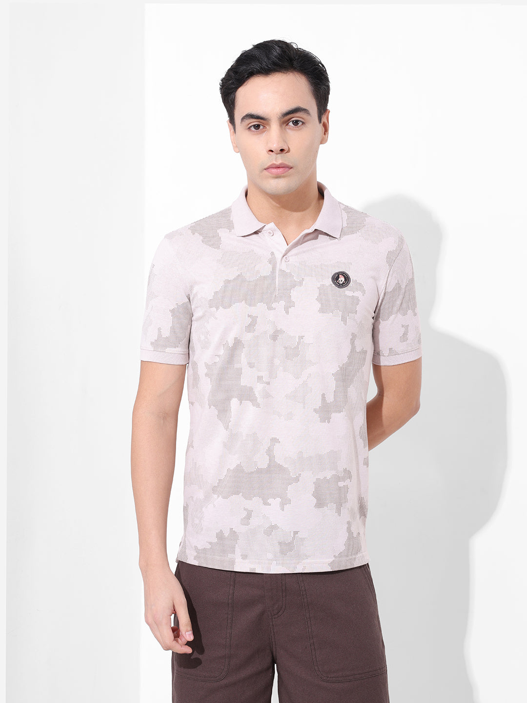 Men's Beige Slim Fit Abstract Printed Polo Collar T-shirt