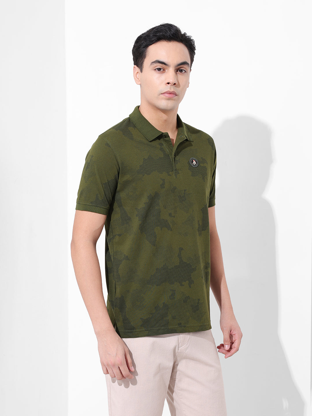 Men's Olive Slim Fit Abstract Printed Polo Collar T-shirt