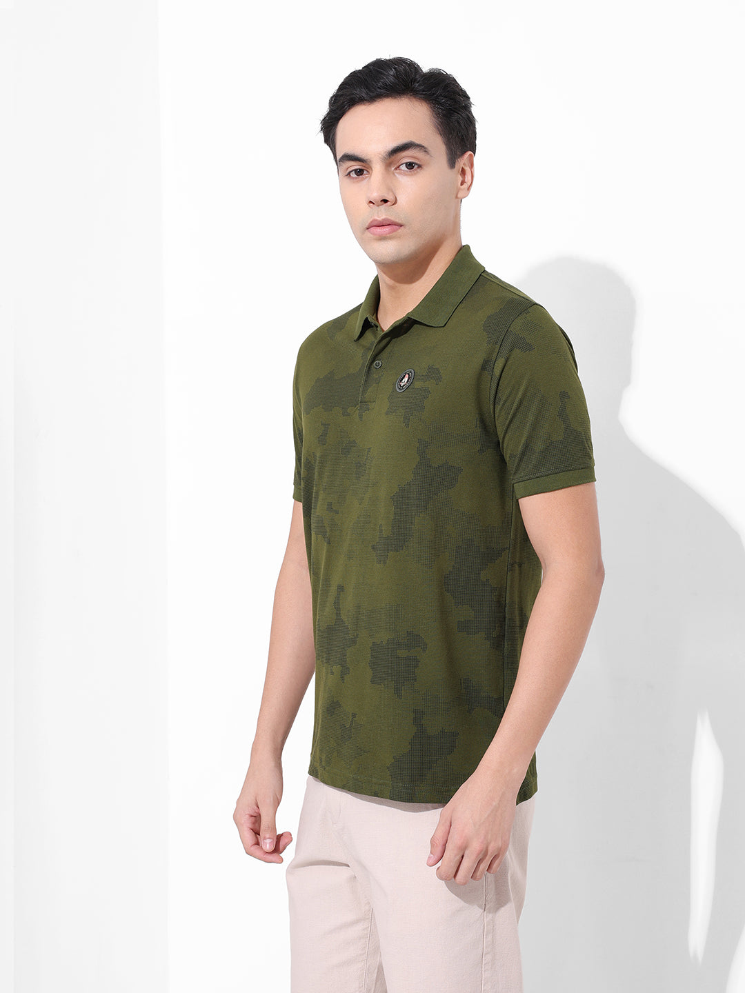 Men's Olive Slim Fit Abstract Printed Polo Collar T-shirt