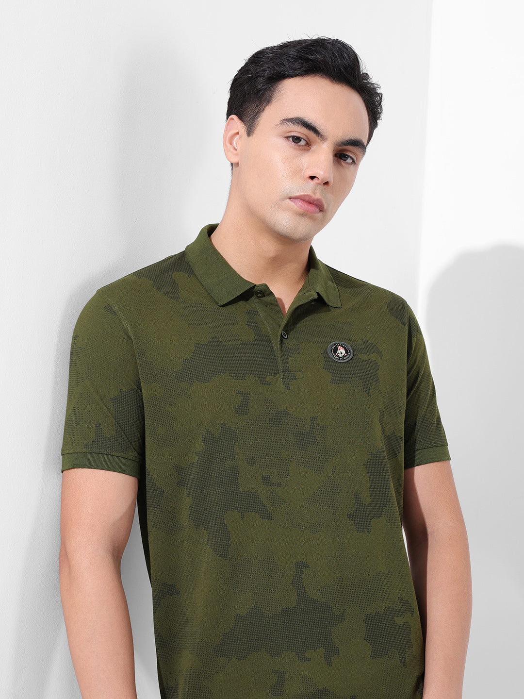 Men's Olive Slim Fit Abstract Printed Polo Collar T-shirt