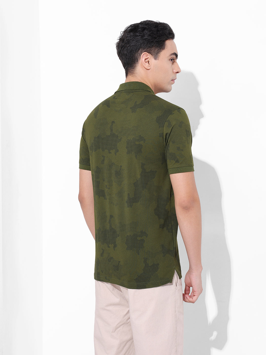 Men's Olive Slim Fit Abstract Printed Polo Collar T-shirt