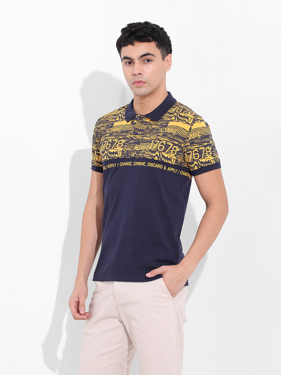 Men's Yellow Slim Fit Abstract Printed Polo Collar T-shirt