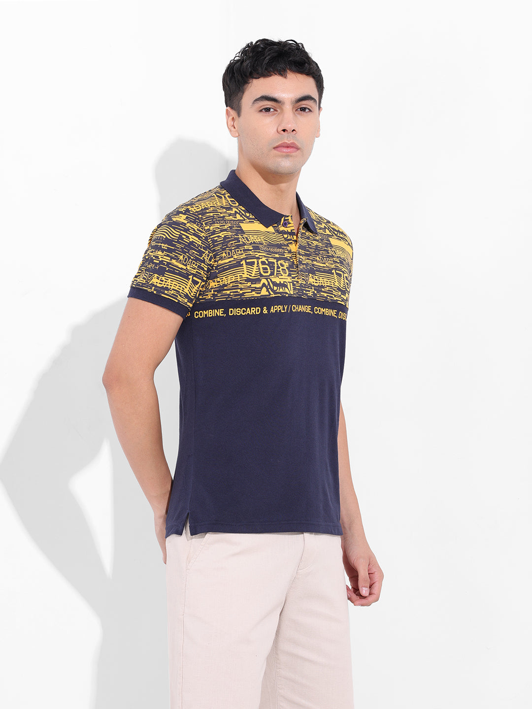 Men's Yellow Slim Fit Abstract Printed Polo Collar T-shirt