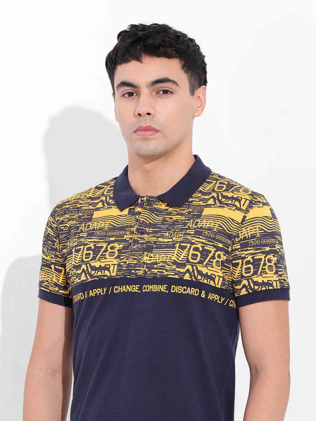 Men's Yellow Slim Fit Abstract Printed Polo Collar T-shirt