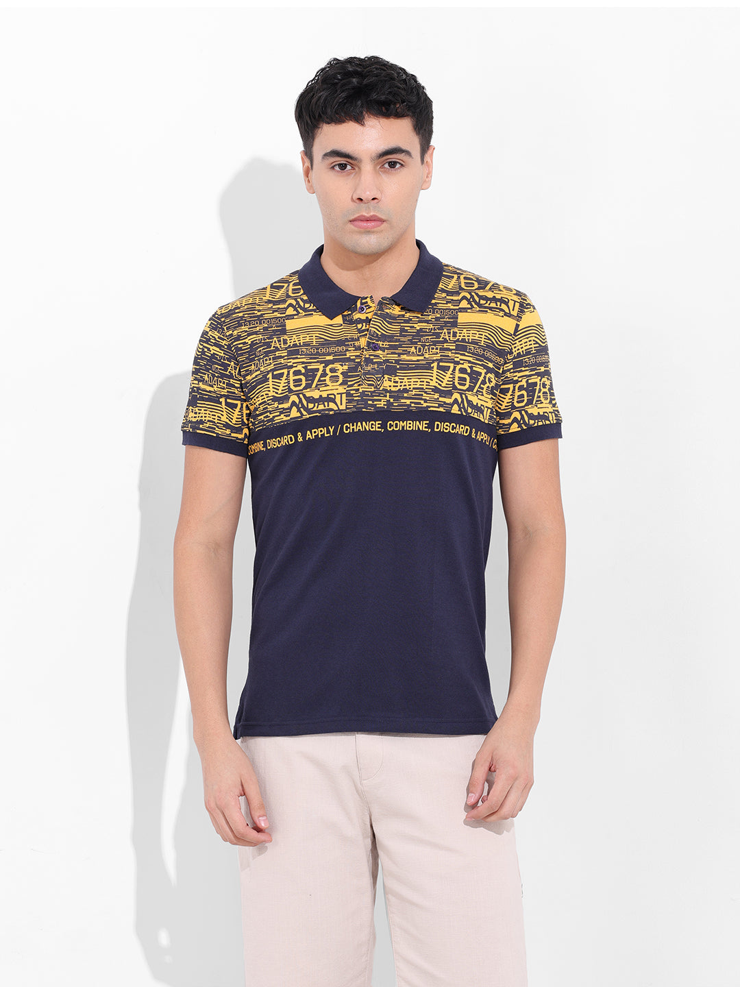 Men's Yellow Slim Fit Abstract Printed Polo Collar T-shirt