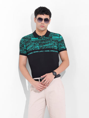 Men's Green Slim Fit Abstract Printed Polo Collar T-shirt