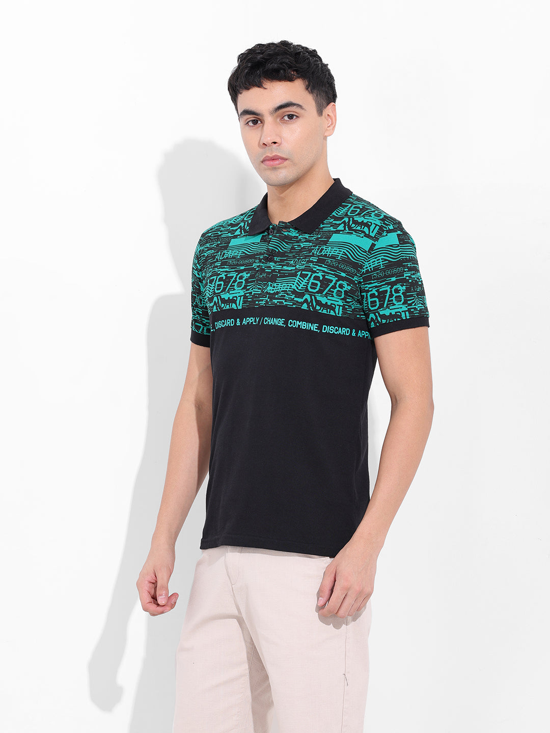 Men's Green Slim Fit Abstract Printed Polo Collar T-shirt