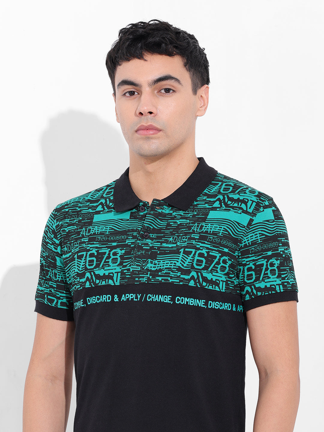 Men's Green Slim Fit Abstract Printed Polo Collar T-shirt