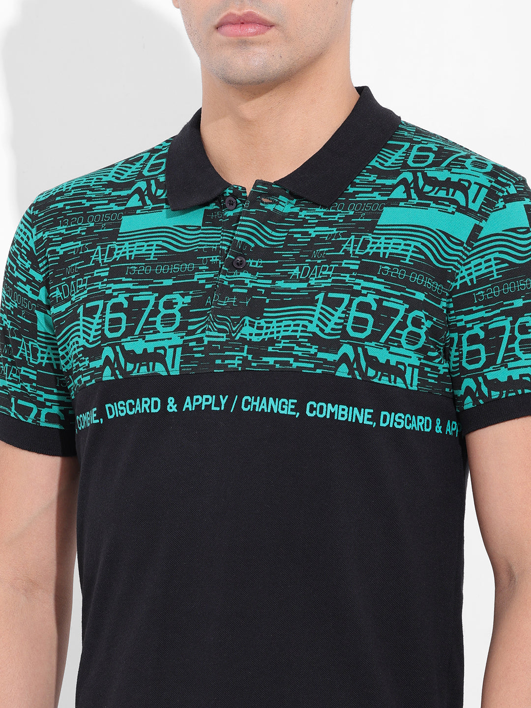 Men's Green Slim Fit Abstract Printed Polo Collar T-shirt