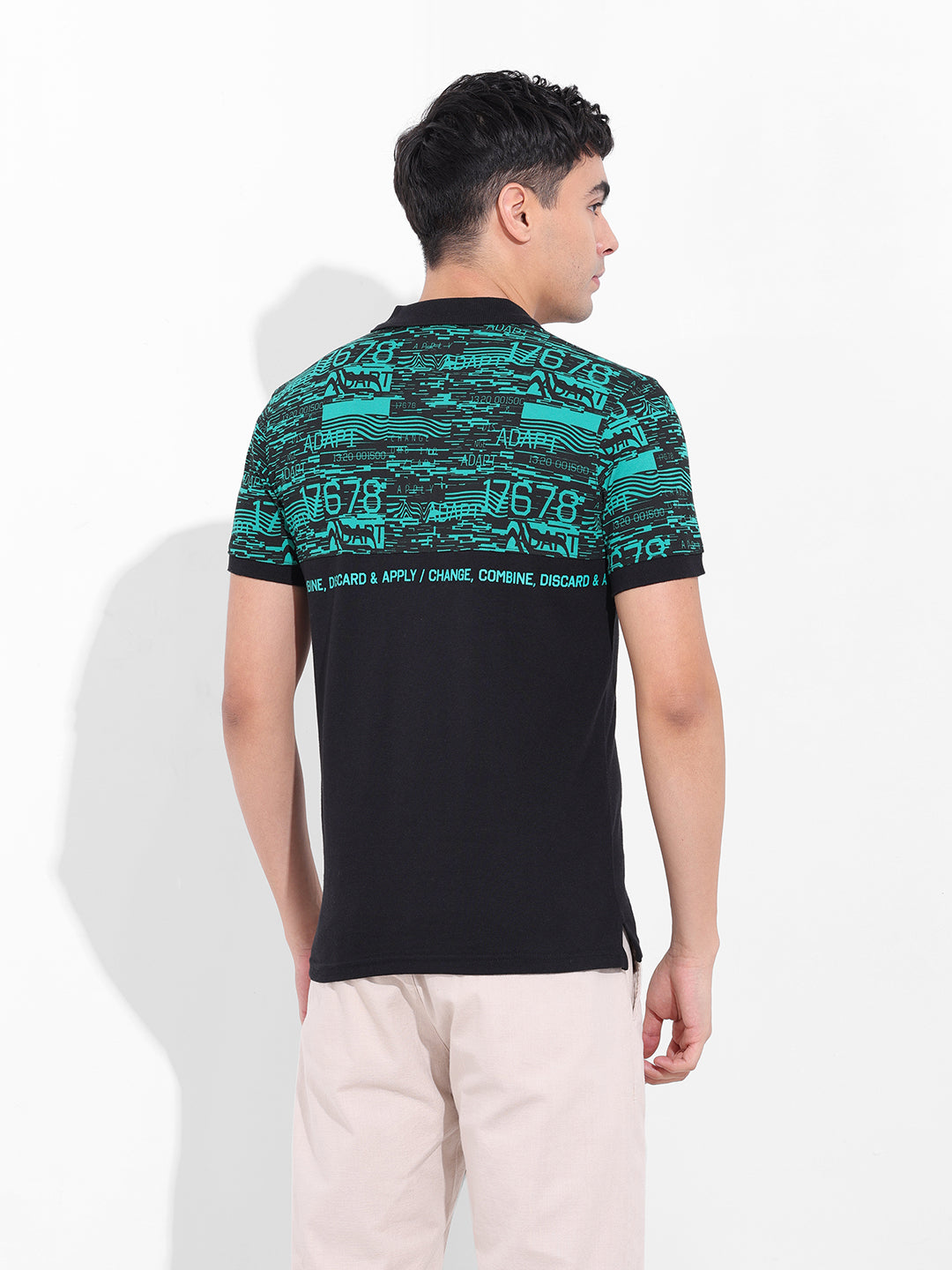 Men's Green Slim Fit Abstract Printed Polo Collar T-shirt