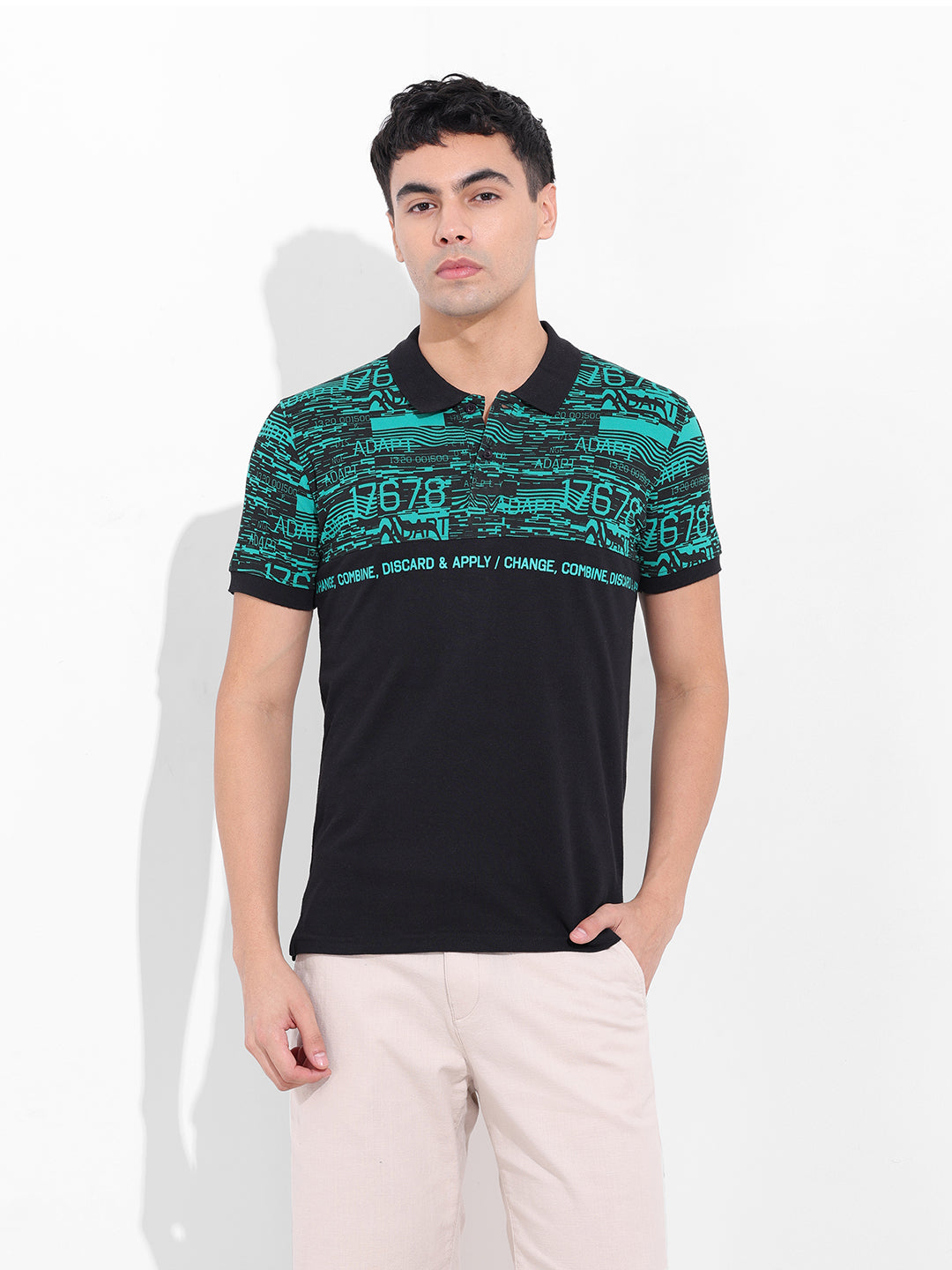 Men's Green Slim Fit Abstract Printed Polo Collar T-shirt