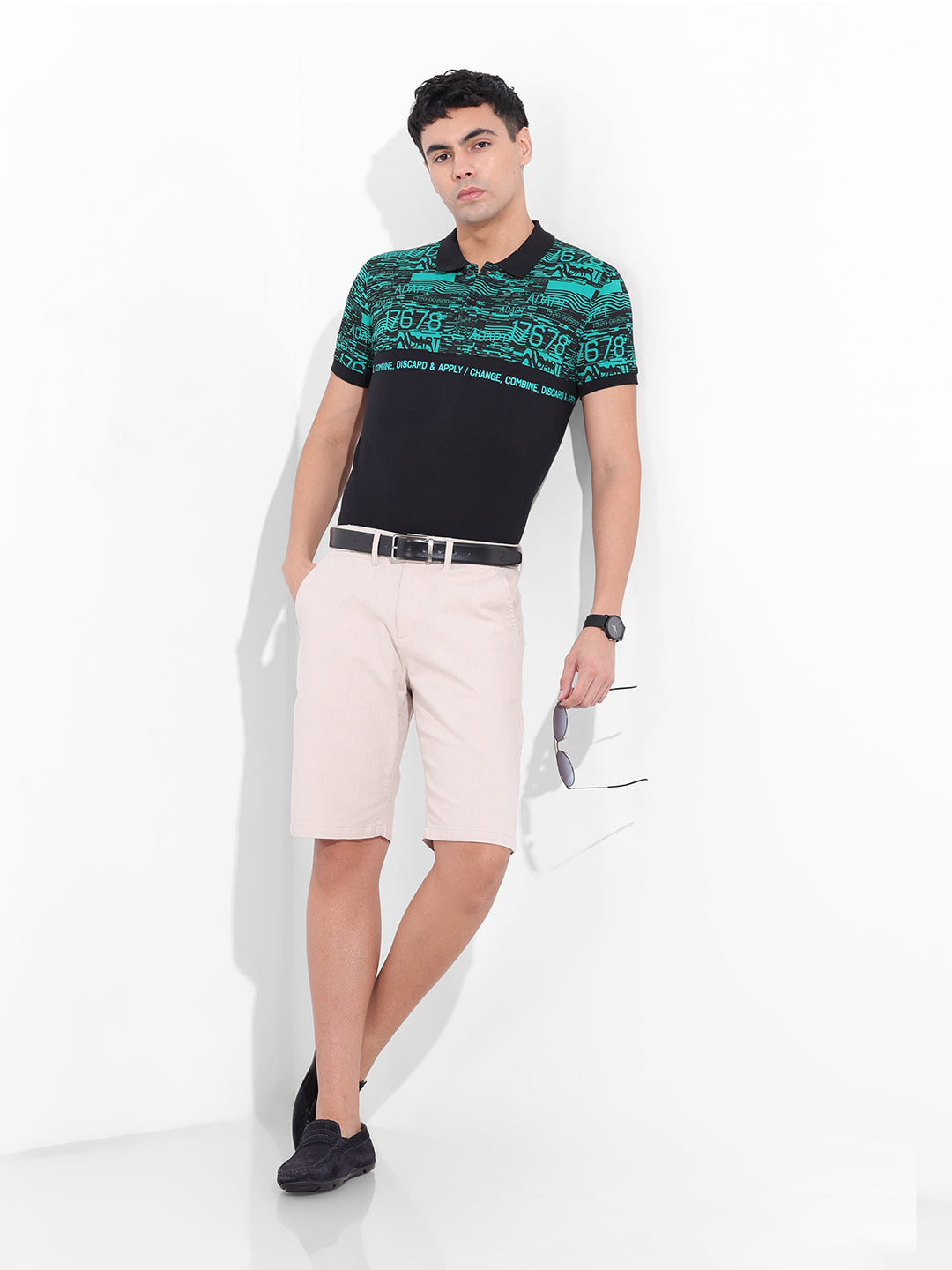 Men's Green Slim Fit Abstract Printed Polo Collar T-shirt