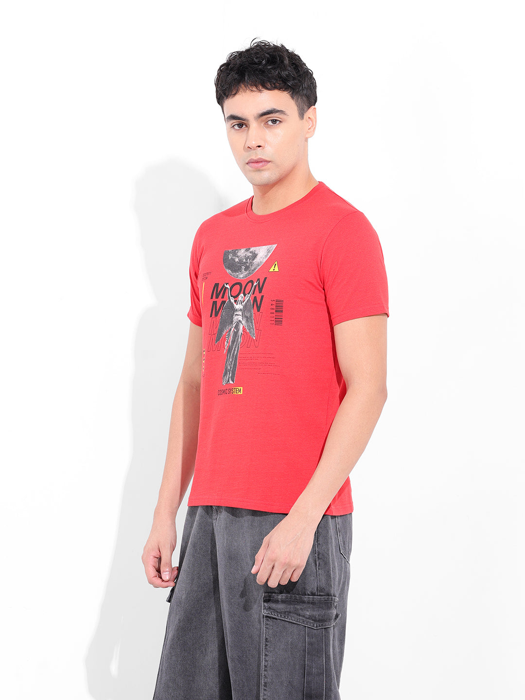 Men's Red Slim Fit Placement Print Round Neck T-shirt