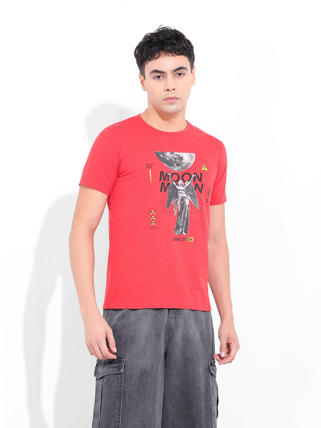 Men's Red Slim Fit Placement Print Round Neck T-shirt
