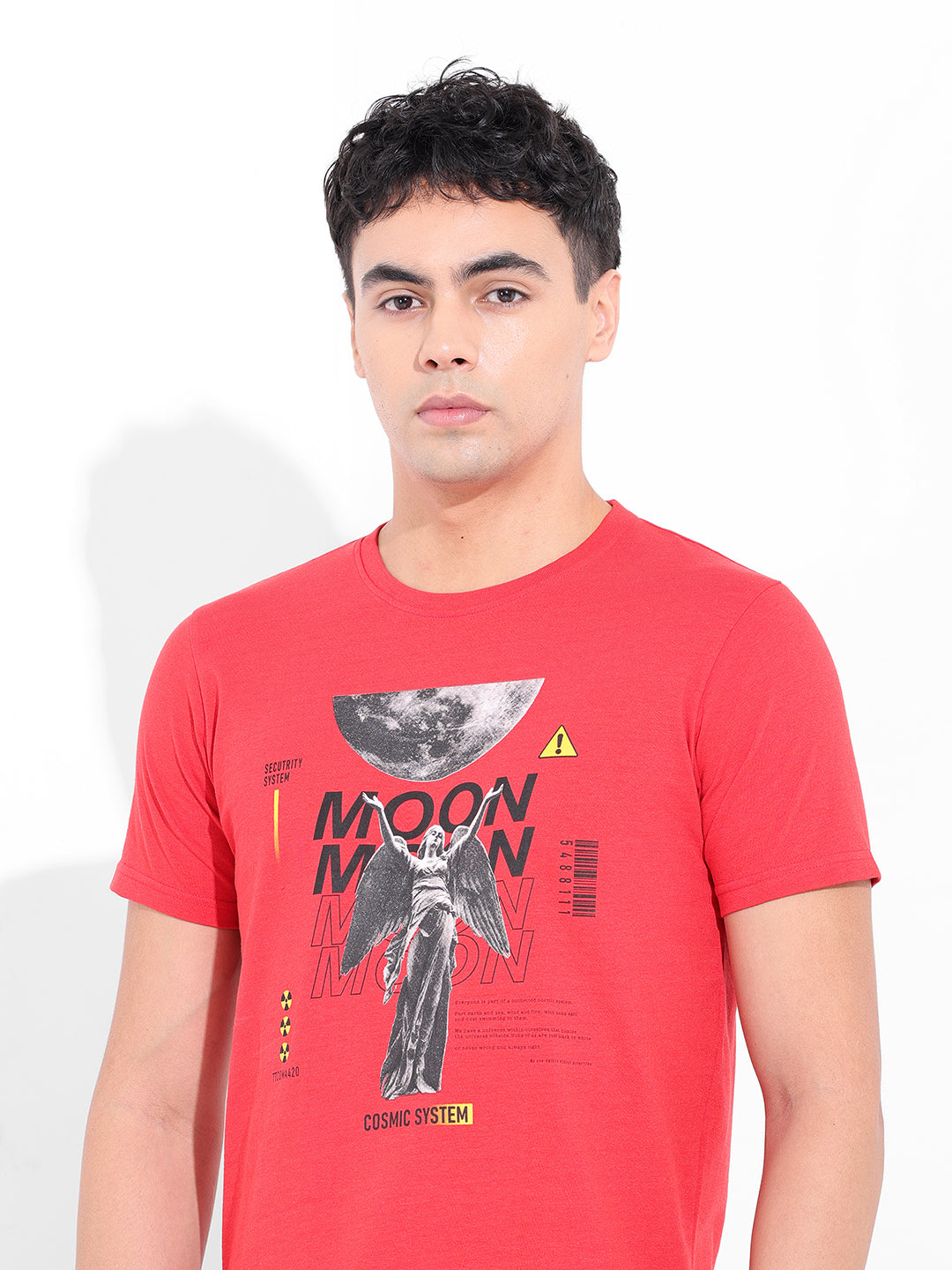 Men's Red Slim Fit Placement Print Round Neck T-shirt