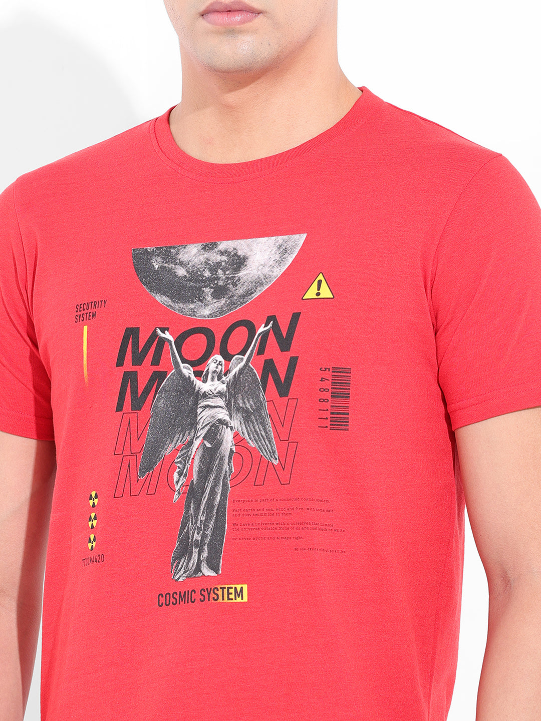 Men's Red Slim Fit Placement Print Round Neck T-shirt