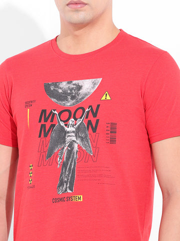 Men's Red Slim Fit Placement Print Round Neck T-shirt