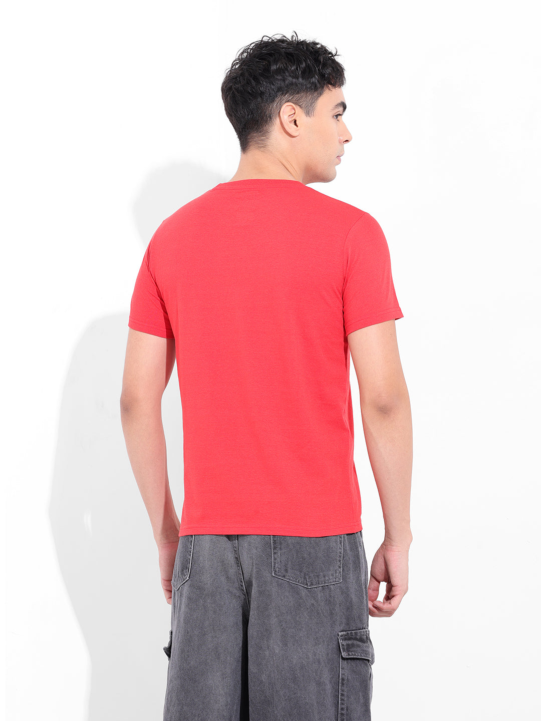 Men's Red Slim Fit Placement Print Round Neck T-shirt