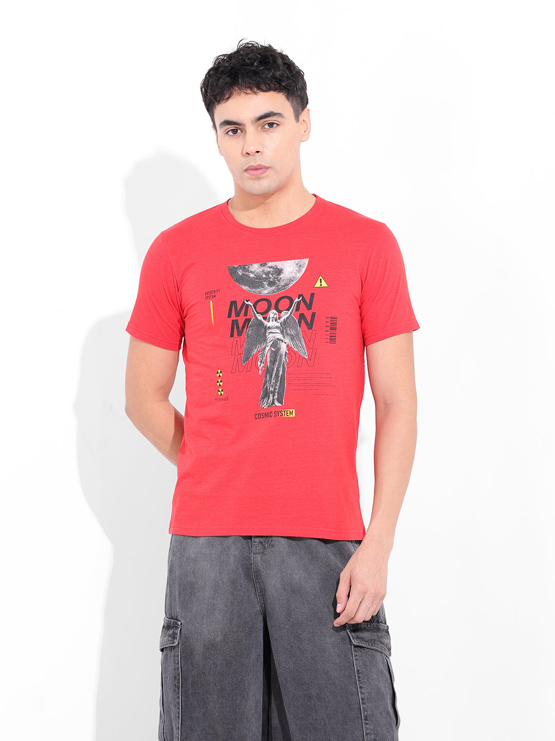 Men's Red Slim Fit Placement Print Round Neck T-shirt