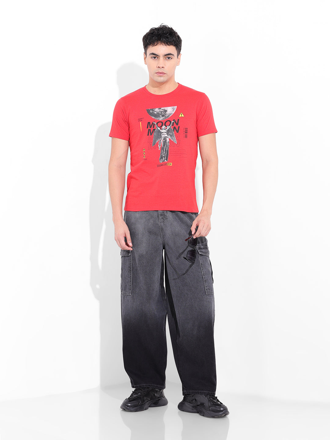 Men's Red Slim Fit Placement Print Round Neck T-shirt