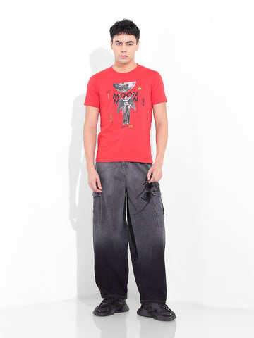 Men's Red Slim Fit Placement Print Round Neck T-shirt