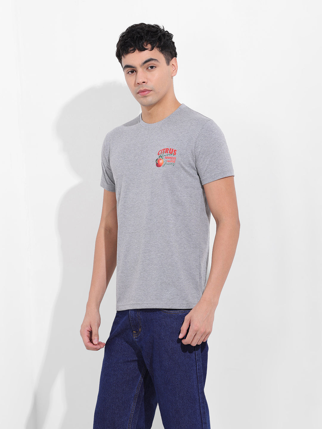 Men's Grey Slim Fit Graphic Back Printed Round Neck T-shirt