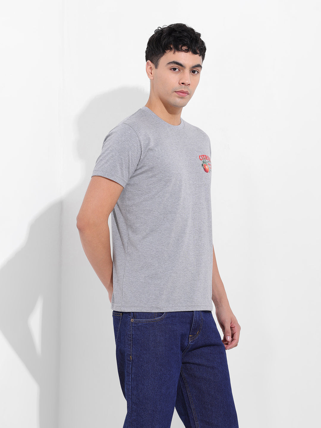 Men's Grey Slim Fit Graphic Back Printed Round Neck T-shirt