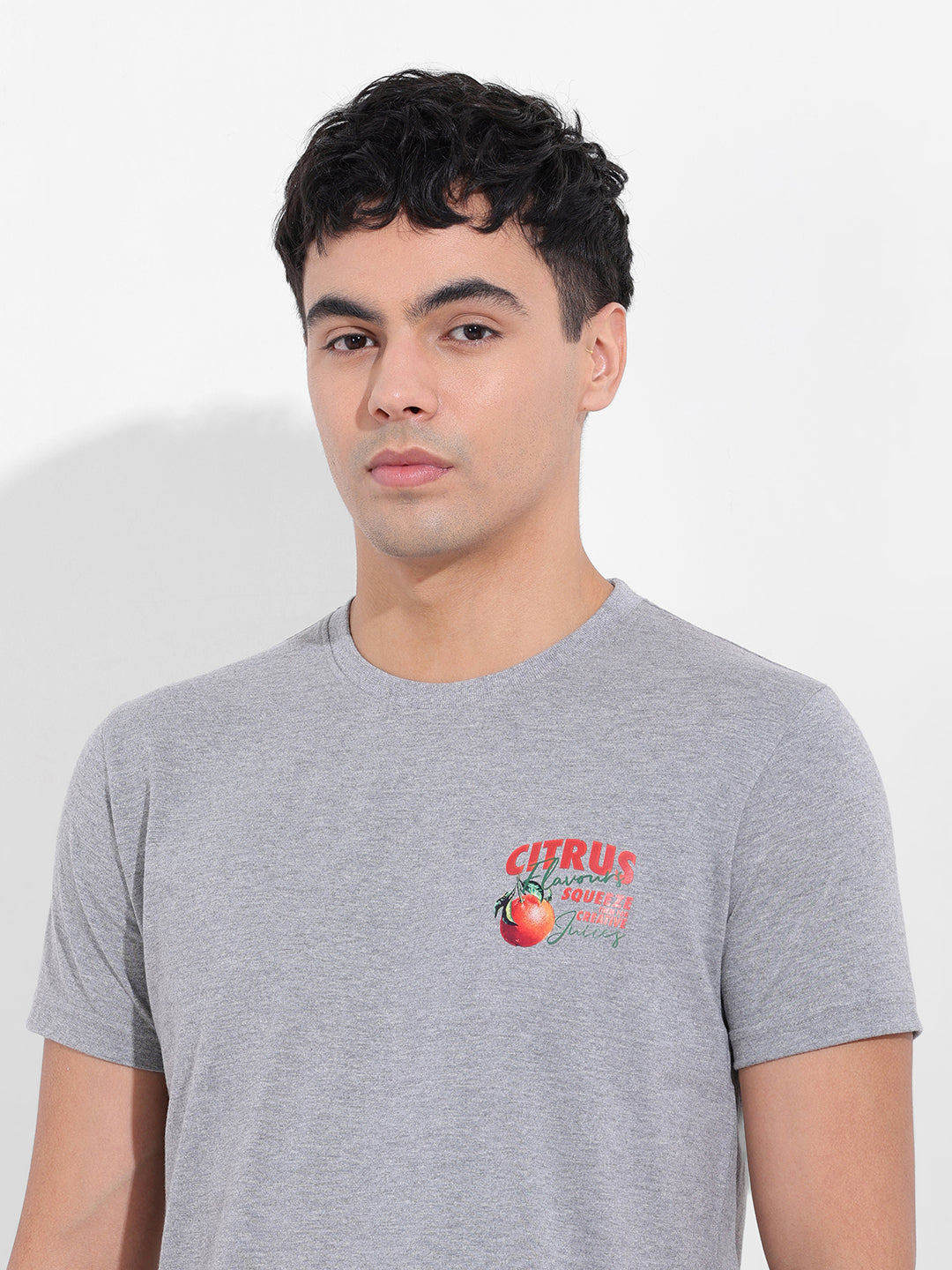 Men's Grey Slim Fit Graphic Back Printed Round Neck T-shirt