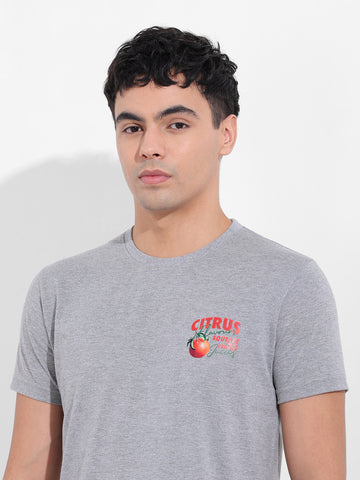 Men's Grey Slim Fit Graphic Back Printed Round Neck T-shirt