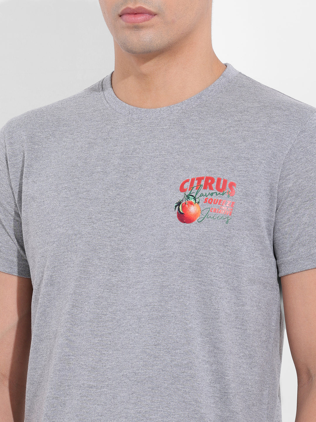 Men's Grey Slim Fit Graphic Back Printed Round Neck T-shirt