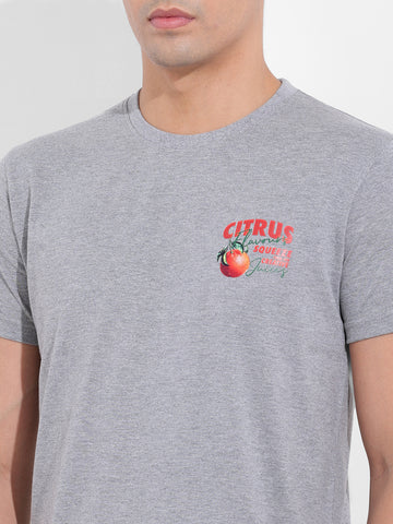 Men's Grey Slim Fit Graphic Back Printed Round Neck T-shirt