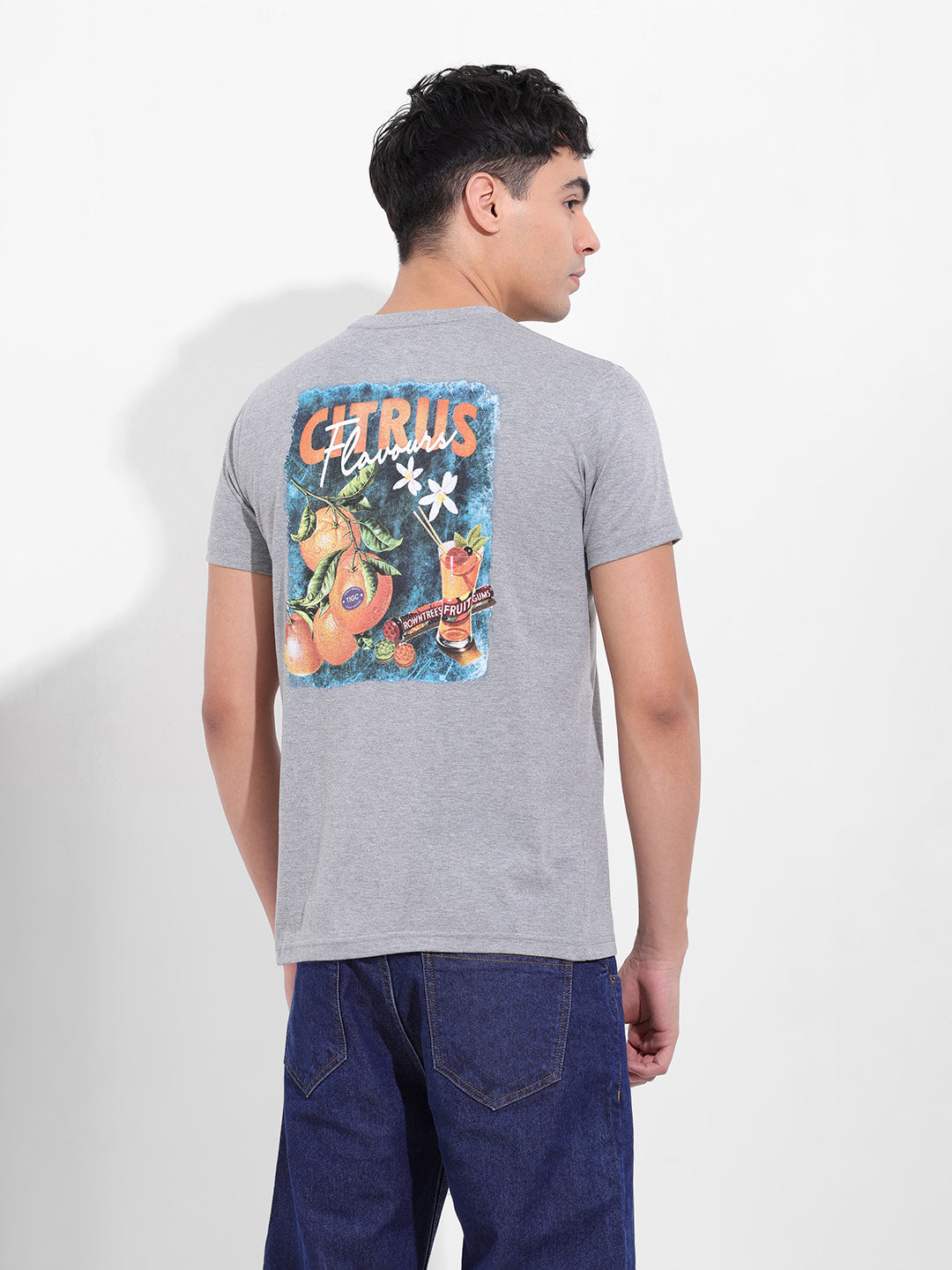 Men's Grey Slim Fit Graphic Back Printed Round Neck T-shirt