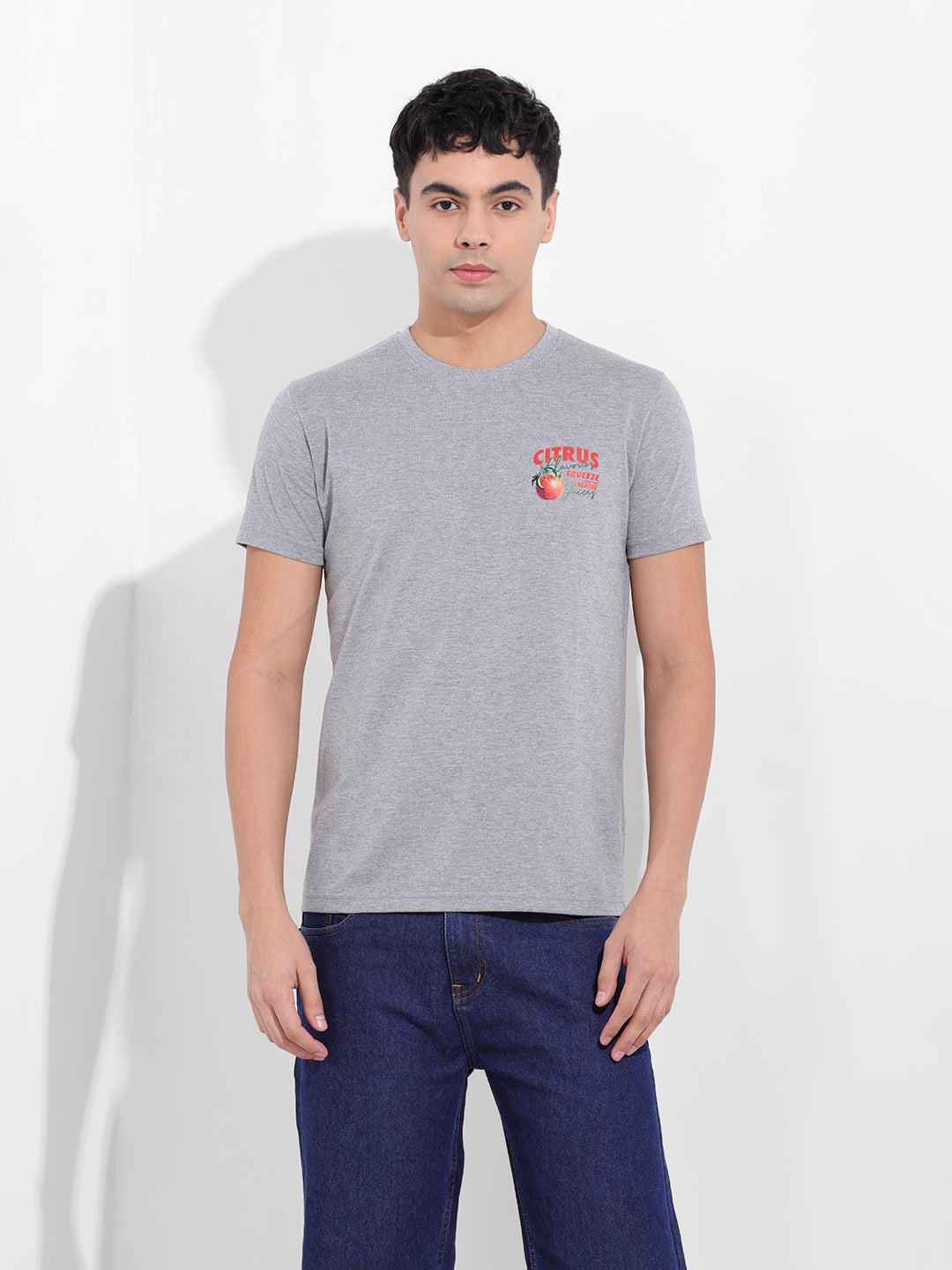 Men's Grey Slim Fit Graphic Back Printed Round Neck T-shirt