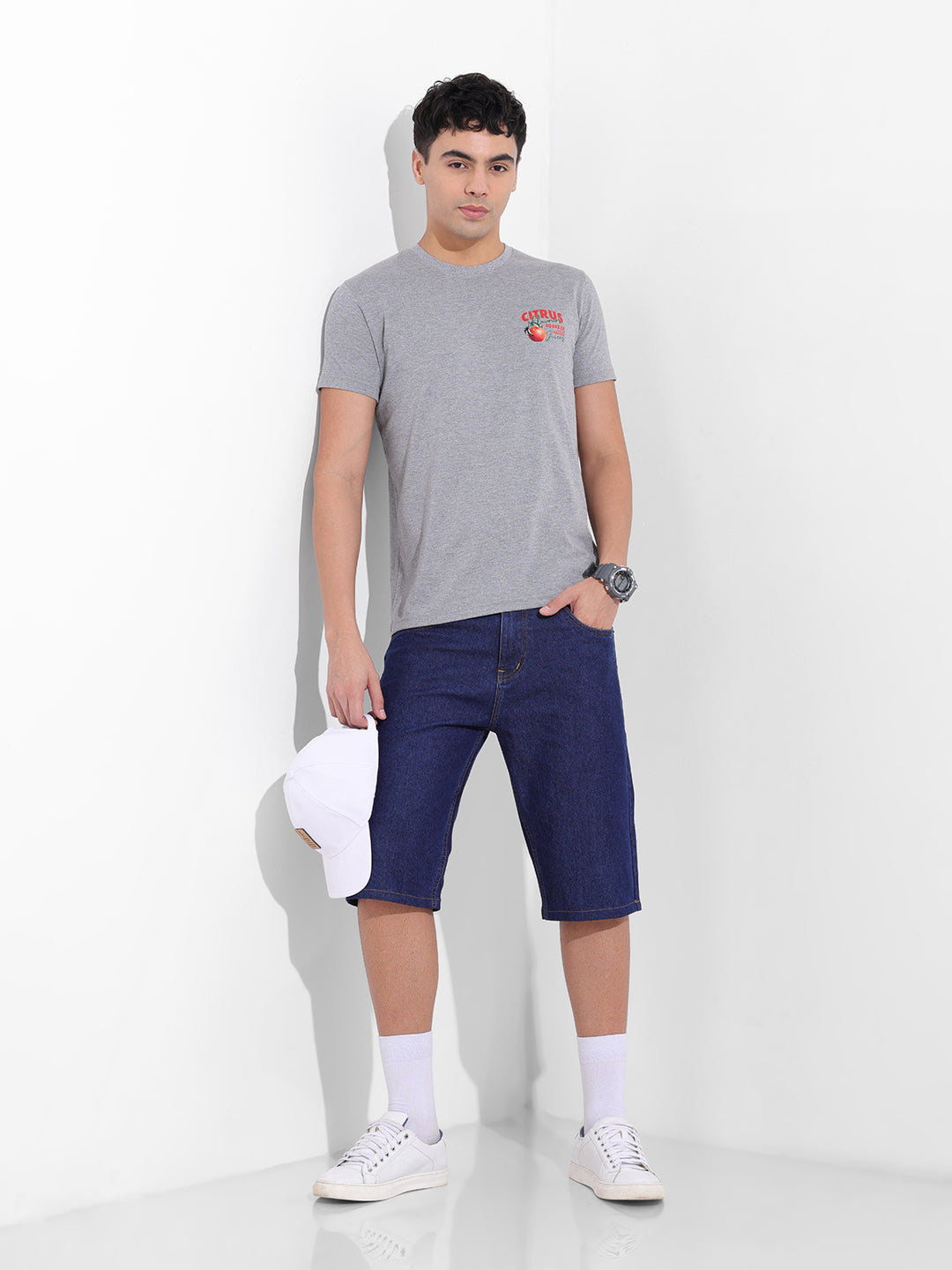 Men's Grey Slim Fit Graphic Back Printed Round Neck T-shirt